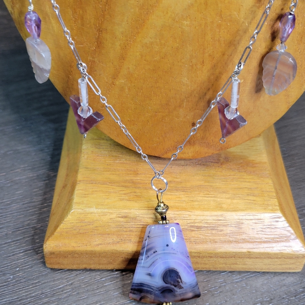 Fluorite, MOP, Glass & Banded Purple Agate Necklace Wire Wrapped Sterling Clasp